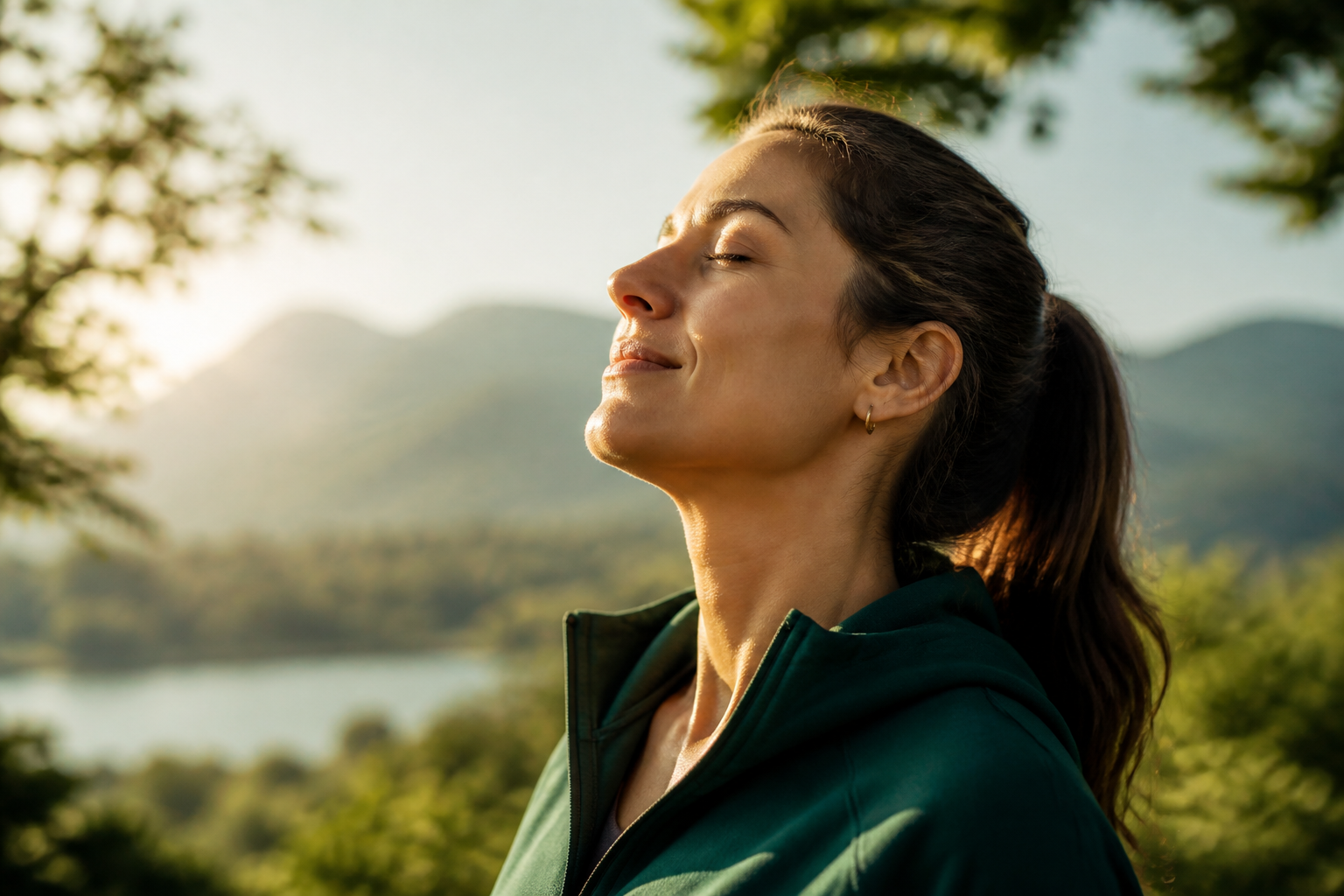 Adult outdoors breathing fresh morning air